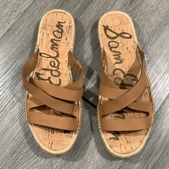 SAM EDELMAN “Averie” Strappy Tan Leather Espadrille Slide Sandals size 7.5 - Picture 1 of 10
